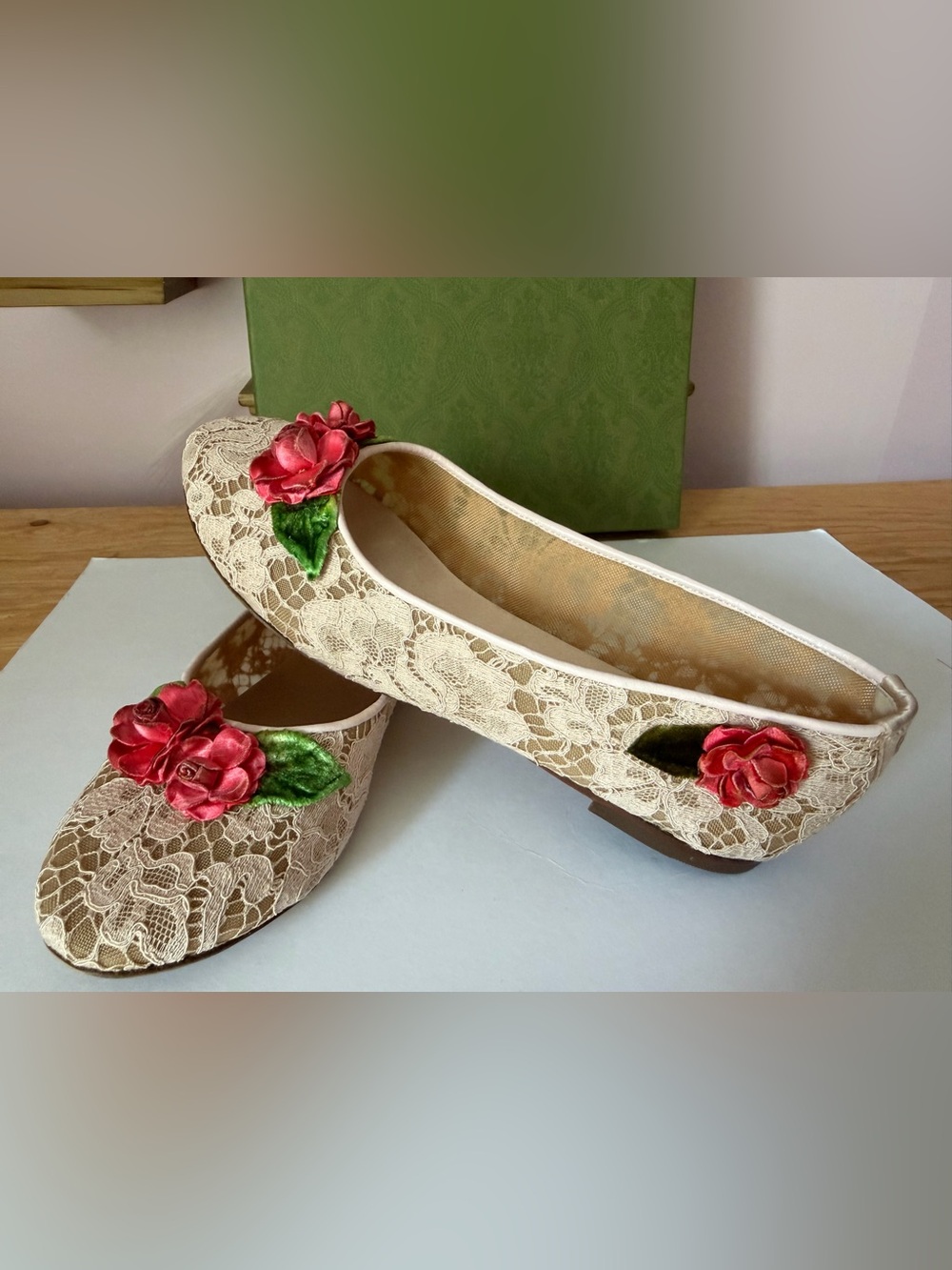Dolce & Gabbana Beige Lace Ballet Flats with Pink Trim and Red Floral Appliqué - Picture 12 of 17